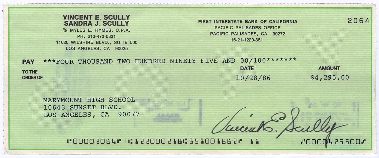 Vin Scully Signed AUTO personal check made out to Marymount High School