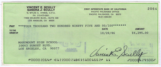 Vin Scully Signed AUTO personal check made out to Marymount High School