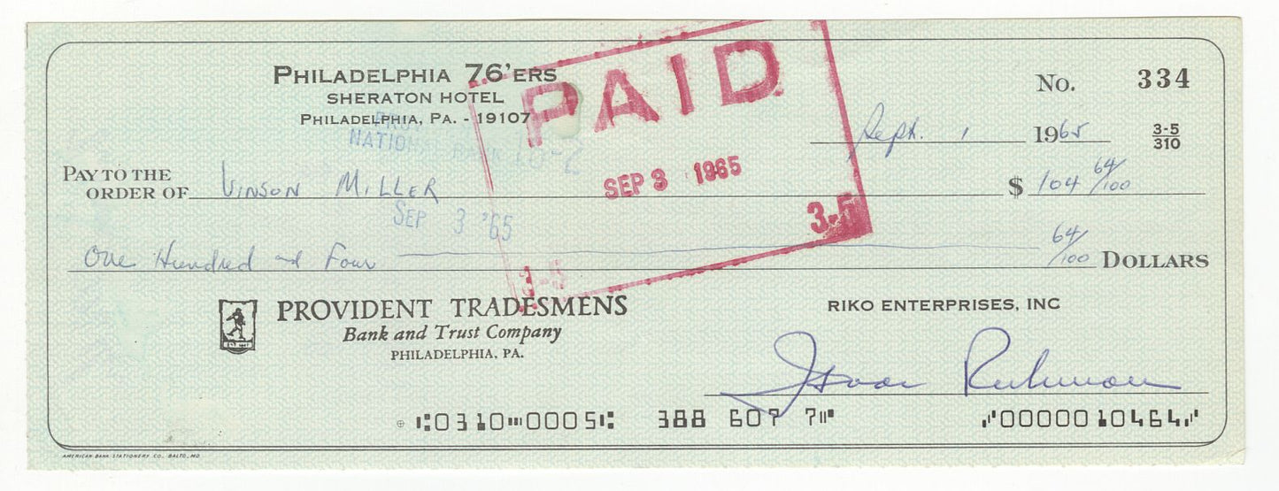 Vinson Miller – Wilt Chamberlain’s Overbrook Teammate - Ike Richman Signed AUTO 1965 Philadelphia 76ers payroll check BAS