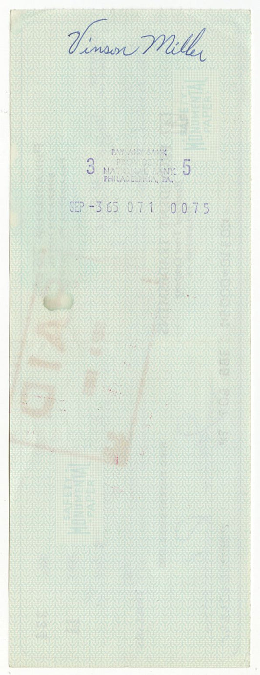Vinson Miller – Wilt Chamberlain’s Overbrook Teammate - Ike Richman Signed AUTO 1965 Philadelphia 76ers payroll check BAS