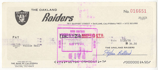 Willie Hall Signed AUTO 1978 Oakland Raiders NFL Football payroll Check