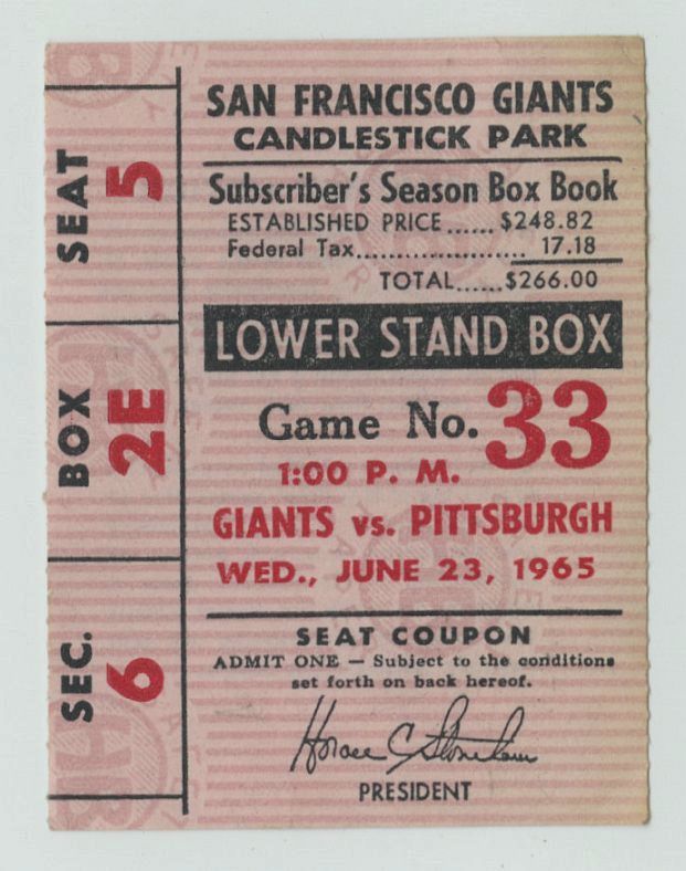June 23, 1965 SF Giants vs Pittsburgh Pirates Willie Mays HR #475 Ties Stan Musial Ticket Stub