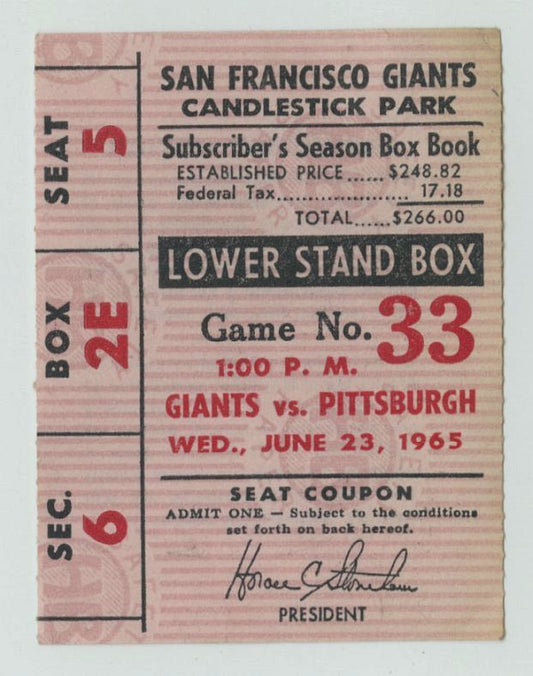 June 23, 1965 SF Giants vs Pittsburgh Pirates Willie Mays HR #475 Ties Stan Musial Ticket Stub