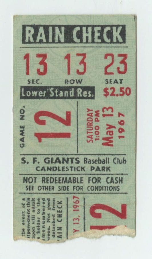 May 13, 1967 SF Giants vs Astros Willie Mays HR #546 Ticket Stub
