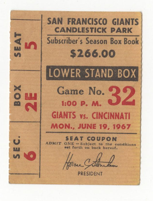 June 19, 1967 SF Giants vs Cincinnati Reds Willie Mays HR #551 Ticket Stub