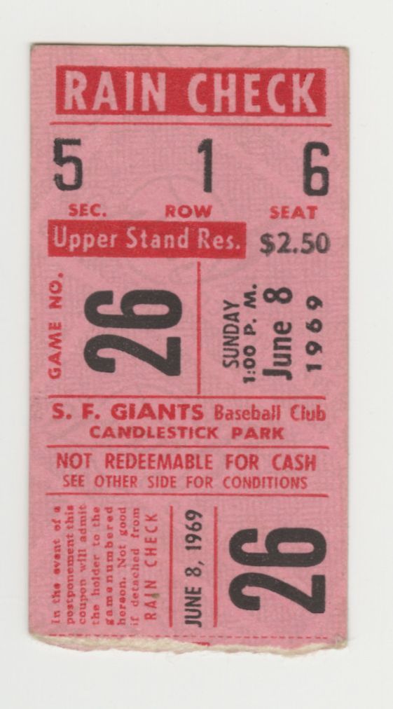 June 8, 1969 SF Giants vs Phillies Willie Mays HR #595 Ticket Stub
